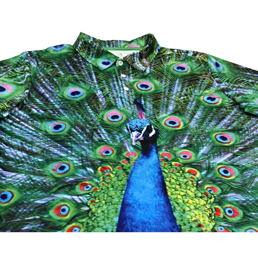 Obnoxious Golf Polo Shirt Mens Large Performance Peacock AOP Short Sleeve